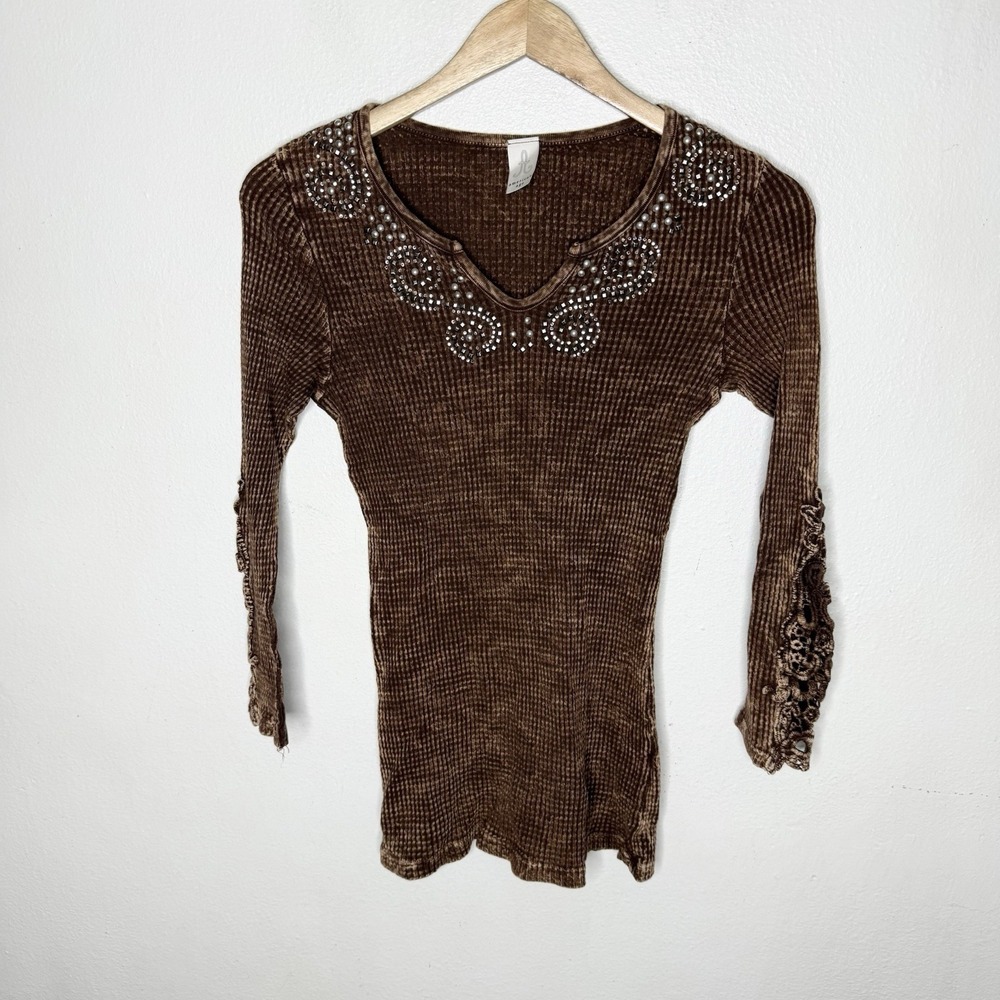 Vintage American Age Brown‎ Studded Western Waffle Shirt Festival Womens Small
